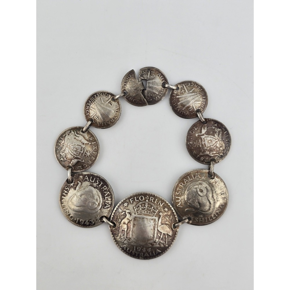 Vintage 1944 Australian Coin Trench Art Charm Link Bracelet